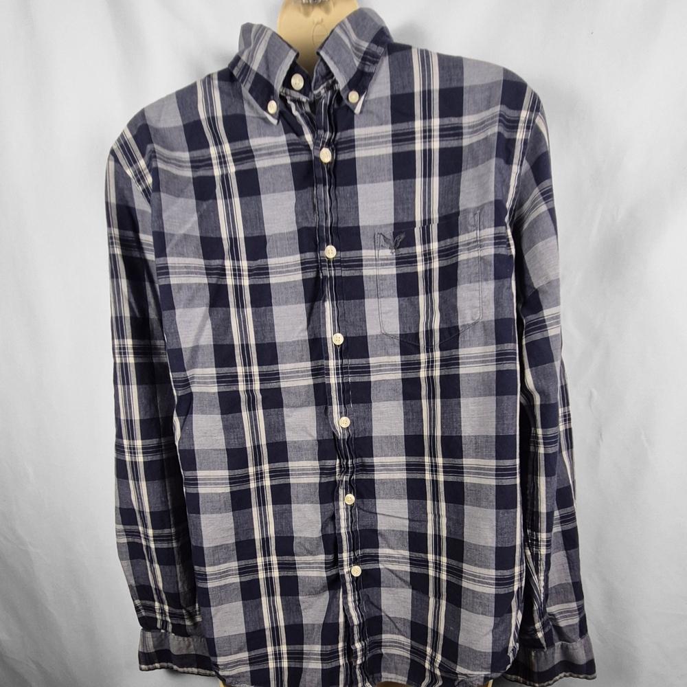 American Eagle Blue‎ Gray Plaid Button Down Shirt Mens Medium Preppy